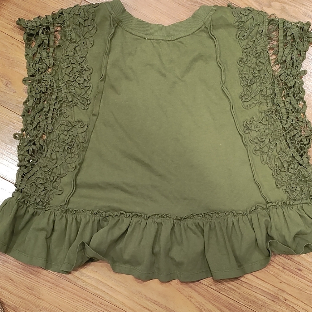 Anthropologie Olive Lace Sleeve Ruffle-Hem Crop Top - Picture 3 of 7